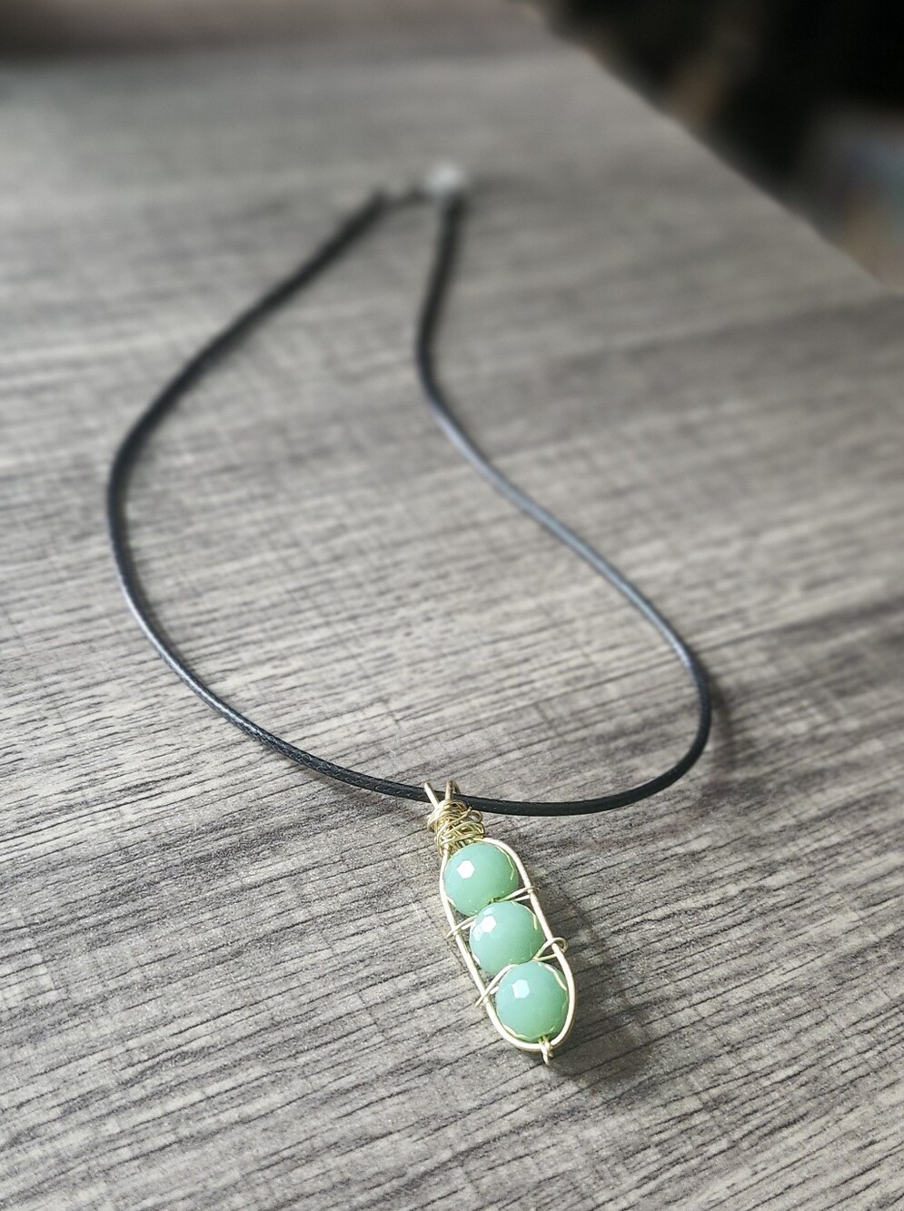 Green Bead Pendant Necklace with Gold Wire Wrap Y Necklace Long Necklace